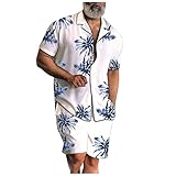 Herren Hemd Shorts Set Hawaii Blumen Bedrucktes Freizeitanzug Mode Floral Stehkragen T-Shirt + Kurze Hose Zweiteiler Sommer Trainingsanzug Jogginganzug Sport Anzug für Coole M