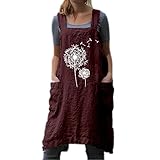 Damen Sommerkleid Leinenkleider Lässig Pusteblume Drucken Latzkleid mit Ärmellosem Riemen Einfarbig Strandkleid Freizeitkleider Pinafore Square Cross Schürze Kleid A-line Gartenarb