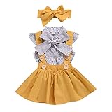 Kleinkind Baby Mädchen Polka Dot Fly Sleeve Top + Strap Rock Kleid + Bowknot Stirnband Sommer Kleidung Set, Gelb, 70 / 6-12M