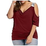 Bluse Damen Kurzarm Schulterfrei Oberteil Sommer Solide Tunika Kurzarmshirt Sexy Off Shoulder Top Shirt Loose Große Größe Elegant Langarmshirt V-Ausschnitt Bluse T-S