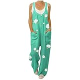 feftops Damen-Overall für den Sommer, Baumwolle und Leinen, bedruckt, große Größe, Overall für Damen, elegant, weite Hose ohne Ärmel mit Taschen, Playsuit für Strand., grün, XXL