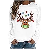 Damen Weihnachts Tshirt Weihnachtspullover Rentier mit Maske Vintage Pullover Santa Blumen Weihnachten Shirt Sweatshirt Langarmshirt Oberteile Jumper Christmas Streetw