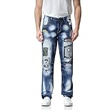 Luandge Gerade Jeans für Herren, Trendnähte, Bedruckt, gewaschen, Trend, bequem, lässig, Distressed Regular Fit Denim-Hose 36