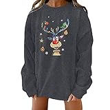 Komiseup Oversize Sweatshirt Damen Weihnachtsrentier Druck Pullover Langarmshirt Christmas Oberteile Ugly Christmas Sweater Retro-Pullover mit überschnittener Schulter Weihnachtenpullover D