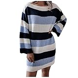 GOKOMO Damen Gestreift Lose Freizeit Strickkleid Pulloverkleid Spleißen Kleid Elegant Sexy Schlank Damen Kleid Damen Party Urlaub Freizeit Elegant Freizeit Kleid(XL,Dunkelblau)
