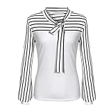 Damen Basic Tops Freizeithemden Langarm Damen Gestreiftes Langarmhemd Damen Casual Damen V-Ausschnitt Langarm Bluse Tops Damen Elegante Pussy Schleife Manschetten Langarm Arbeitskrawatte H