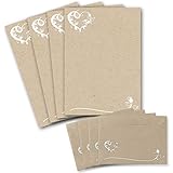 25 Briefbogen-Sets DIN A4 - Briefpapier in Kraftpapier-Look mit blumigem Herz-Ornament - mit passenden Briefumschlägen DIN C6 in taupe Briefpapier bedruckbar ideal für Hochzeitseinladung