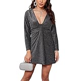 Feelpit Damen V-Ausschnitt Langarm Kurzes Kleid Einfarbig Plissee Hohe Taille Abnehmen Minikleid (Grey, X-Large)