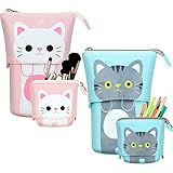2 Transformator Ständer Geschäft Bleistifthalter Leinwand PU Cartoon Süß Katze Teleskop Bleistift Organizer Kosmetik Makeup Beutel Schreibwaren Box mit Reißverschluss für Weihnachten (Grau und Weiß)
