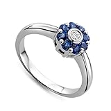 Miore Schmuck Damen 0.04 Ct Diamant Blumen-Motiv Verlobungsring mit Edelstein/Geburtsstein blauer Saphir und Diamant Brillant Ring aus Weißgold 18 Karat / 750 G