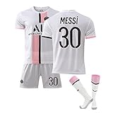 2021 Trikot Set Heim Kinder Fussball Trikot Mit Shorts, Junior-Erwachsene-Fußball-Trikot-Streifen-Set, Fußball Trikot Hose und Socken (Weiß, 20)