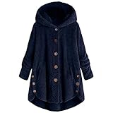Damen-Kapuzenmantel, Teddybär, warm, aus Baumwolle, locker, Winter, bedruckte Taschen, dickste Haspe, Outwear, Knopf, flauschig, gerippt, Pullover, hoher Kragen, Plüsch, Navy_A62, 38