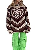 Tomwell Damen Strickpullover Y2K Fashion Knit Sweater Heart Print Plaid Oversized Vintage Langarm Pullover Jumper Sweatshirts Loose Tops Streetwear A Braun S