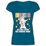 Geburtstagsgeschenk Geburtstag - Endlich 18 - jetzt muss ich nur noch erwachsen Werden Einhorn Dab - XXL - Türkis - Geburtstagszahl - XO1525 - Damen T-Shirt mit V