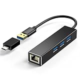 USB Ethernet Adapter, USB Hub mit 3 USB 3.0 Ports, RJ45 Gigabit Ethernet Adapter, USB LAN Adapter mit USB C auf USB A Adapter, Kompatibel mit MacBook Air/Pro, Windows 10,8.1,8,7,Vista, XP, Linux