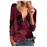 LRWEY Damen Herbst und Winter Langarm T-Shirt Reißverschluss V-Ausschnitt T-Shirt Gesicht Gedruckt T-Shirt für Frauen Langarm Top, wein, XXX-Larg