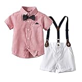 WFRAU Kleinkind Jungen Fliege Rotes Streifendruckhemd Tops+Hosenträger Overall Kurze Hose 2-teiliges Anzugset, Baby Gentleman Hochzeitsfest-T-Shirt Overall-Outfit-Set Kurze Hose, für 3-24 M