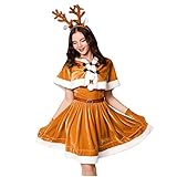 Masrin Weihnachtskostüm für Damen Weihnachten Cosplay Karneval Party Kleidung Weihnachtskleid + Kapuzenschal + Gürtel + Elchhaarband + Handschuhe Plüsch Cocktailkleid Abendk