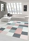 Designer und Moderner Teppich mit Karo Muster in Rosa Grau Creme Größe 140x200