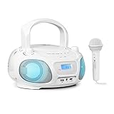 auna Roadie Sing - CD Player Kinder, Stereoanlage, Boombox, Sing-A-Long Funktion, Kinder CD Player mit USB-Port, UKW Radio, CD Player Kinder mit Mikrofon und Bluetooth 3.0, LED, Mikrofon, weiß