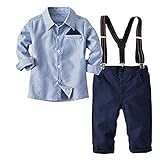 FAIRYRAIN 2-Teiliges Kleinkind Jungen Babyanzug Gentleman Kinder Langarm Hemd + Hose mit Träger Anzug Kleidung, Blau, Gr.140