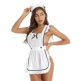 Aislor 3/2 Pcs Damen Dienstmädchen Kleid Kostüm Neckholder Dessous mit String Rückenfrei Kleid Kurz Reizwäsche Putzfrau Schürze Uniform Outfit 3Pcs Weiß Einheitsgröß