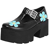 Etebella Damen T Strap High Heels Lolita Pumps mit Blumen und Blockabsatz Mary Jane Gothic Riemchen Plateau Halbschuhe(Schwarz Pu,39)