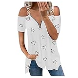 V-Ausschnitt Tshirt Damen Bluse Basic Sommer Oberteile Elegant Love Print Off Shoulder Kurzarm Tops T-Shirt Fitness Tunika Teenager Mädchen Shirt H