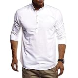 LSSM LäSsiges Herren-Leinenhemd Einfarbiges Langarm-Leinenhemd Mit Stehkragen Slim-Fit - Business Freizeit Hochzeit - BüGelleicht Herren-Hemd Slim-Fit Kurzarm-Hemden Baumwolle Weiß 2XL