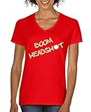 Comedy Shirts - Boom Headshot - Damen V-Neck T-Shirt - Rot/Beige-Weiss Gr. XL