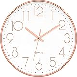 Foxtop Wanduhr Modern Ohne Tickgeräusche Lautlos Rund Leise Quarz Uhr ohne Ticken für Wohnzimmer küche Büro Heim Schule Cafe Restaurant (Roségold, 30 cm)