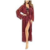 Tyoby Damen Dessous Spitzen Kimono Sexy Kleid Weiter Ärmel Reizwäsche Set Negligee Unterwäsche Outfit Transparent Cover Up Morgenmantel mit Satin Gürtel(rot,L)