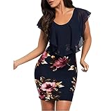 NHNKB Damen Cape Ärmel Elegant Floral Bodycon Mini Kleid Party Abend Hip