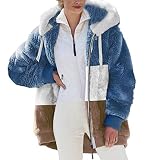 PWKNRD Wintermantel Damen Teddy Fleecejacke Plüschjacke mit Kapuze Winterjacke Farbblock Fleece Mantel Herbst Winter Warm Plüschmantel Cardigan Jacke Weich Bequeme Outdoorjacke Winddicht Outw