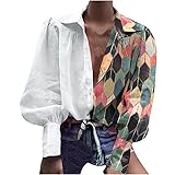 Wave166 Damen Button Shirt Top Sexy Herbst Revers Langarmshirt Mode Graphic Gedruckt T-Shirts Patchwork Elegant Bluse Streetwear Mit Button Ärmel Für F