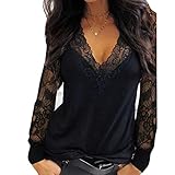 OEAK Damen Spitze Bluse Sexy V Ausschnitt Langarmshirt Slim Fit Einfarbig Patchwork Spitzenbluse mit Floral Elegant Tunika Oberteil Top(Schwarz，M)