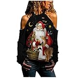 CHUNSE Weihnachtspulli Sweatshirt Sweater Herbst Winter Frauen Casual Off Shoulder Frohe Weihnachten Print Aushöhlen Langarm Bluse Shirt Top