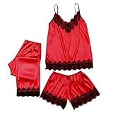 3 Stück Damen Pyjama Set Nachtwäsche Unterwäsche Babydoll Spitze Satin Schlafanzug Negligee Sling Lingerie V-Ausschnitt Leibchen Shorts Hose Set Hausanzug