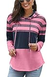 GOLDPKF Herbst Sweatshirt Plus Size Bekleidung Damen Mode Streifen Patchwork Langarm Tshirt Gestalten Kordelzug Kuschel Kapuzenpullover Rose Rosa M 40-42
