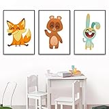 Set von 3 Kinderzimmer Poster Netter Bär Fuchs Kaninchen Babyzimmer Ungerahmt Leinwanddruck Cartoon Tiere Kinder Wandkunst Bilder Dek