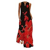 Mode Frauen Ärmellos Druck V-Ausschnitt Maxikleid Sommer Party Cami Kleid Boho Maxi Langes Kleid mit Taschen Party Cocktailkleid, Schwarz , S