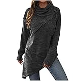 Damen Langarm Rollkragen Stricktop Lässig Lose Einfarbig geknöpfter Pullover Unregelmäßiger Saum Tunika Panel S