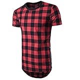 T-Shirt Herren Mode Kariert Druck Rundhals Herren Freizeithemden Sommer Reißverschluss Kurzarm Shirt Trend Casual Komfortabel Herren Sportshirt A-Red XL