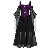 BIBOKAOKE Abendkleider Damen Übergroßes Mesh Mittelalter Kleid Gothic Maxikleid Schnürkleid mit Schmetterlingsärmeln Renaissance Cosplay Dress Party Festlich Asymmetrisch Halloween Kostü