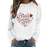 LSEEKA Damen Rundhals Sweatshirt Happy Valentine's Day Brief Herz Gedruckt Langarm Casual Kleidung Geschenke für Damen All-Match Jumper Lose und Casual Rundhals Shirt Top, weiß, 50