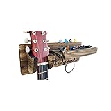 Gitarrenhalter für die Wand Holz, Wandhalterung und Plektrumhalter mit 4 Haken, für Gitarren und Ausrüstungszubehör, Schlüssel und Life Kleine Gegenstände (Braun)