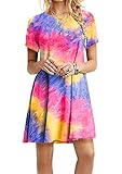 EFOFEI Damen Tie Dye Print Hippie-Tunika-Kleid Kurzarmkleid Kausales bequemes Kleid Krawatte Färben Rosa M