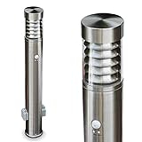 Sockelleuchte Dakar mit Bewegungsmelder und 2 Steckdosen, moderne Außenleuchte aus Edelstahl m. Kunststoff-Scheiben, Wegeleuchte 80 cm, Gartenlampe m. E27-Fassung, max. 15 Watt, Gartenbeleuchtung IP44