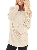 WNEEDU Damen Casual Langarm Rundhals Lose Tunika T-Shirt Bluse Tops（Beige，Medium）