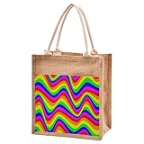 Natürliche Jute-Tragetaschen mit bunten gewellten Regenbogenstreifen, Handtaschen mit Baumwollgriffen, wiederverwendbarer Reißverschluss, große Einkaufsgeschenk-Taschen, braun, S